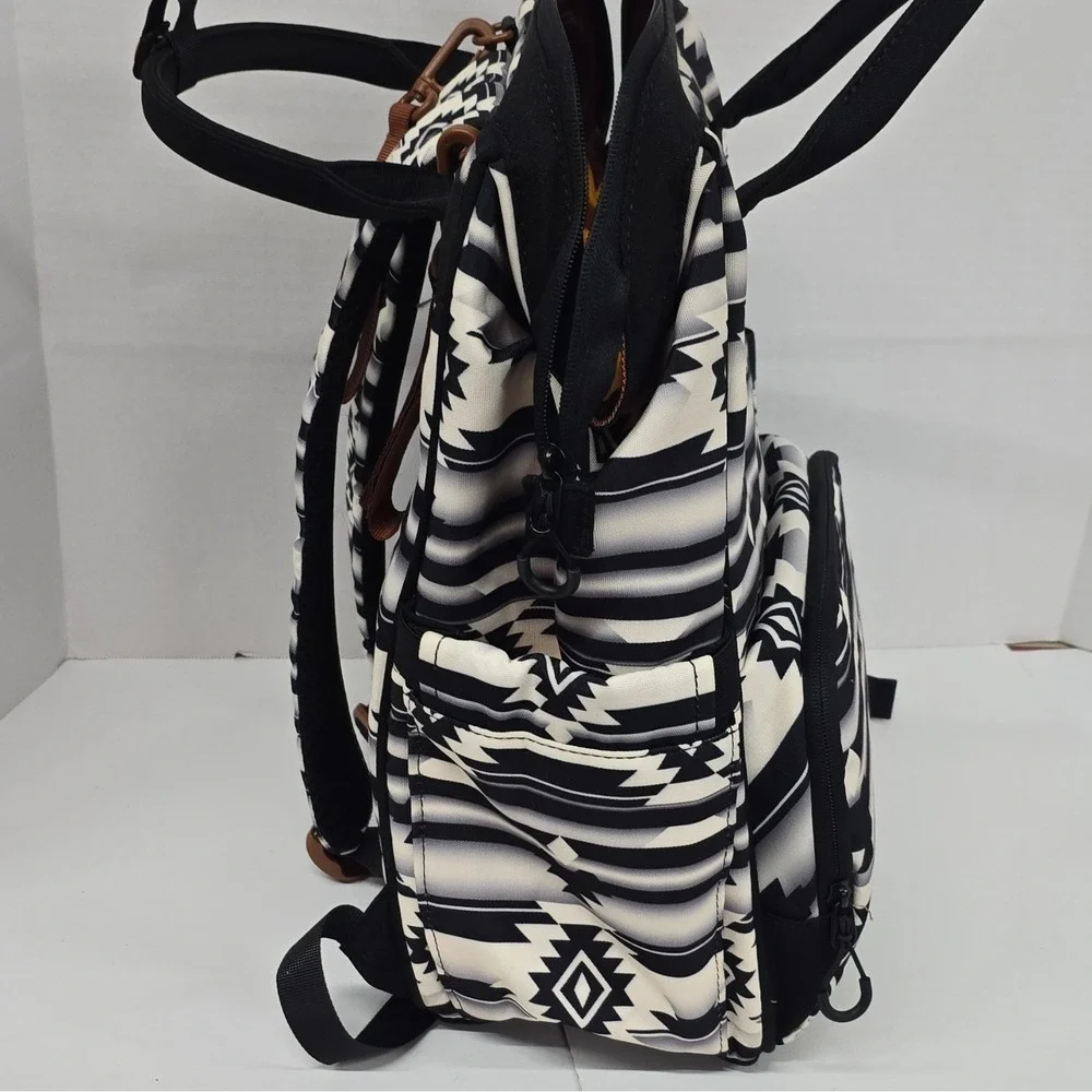 Wrangler Black & White Geometric Backpack Diaper Bag, Adjustable Strap, Pockets